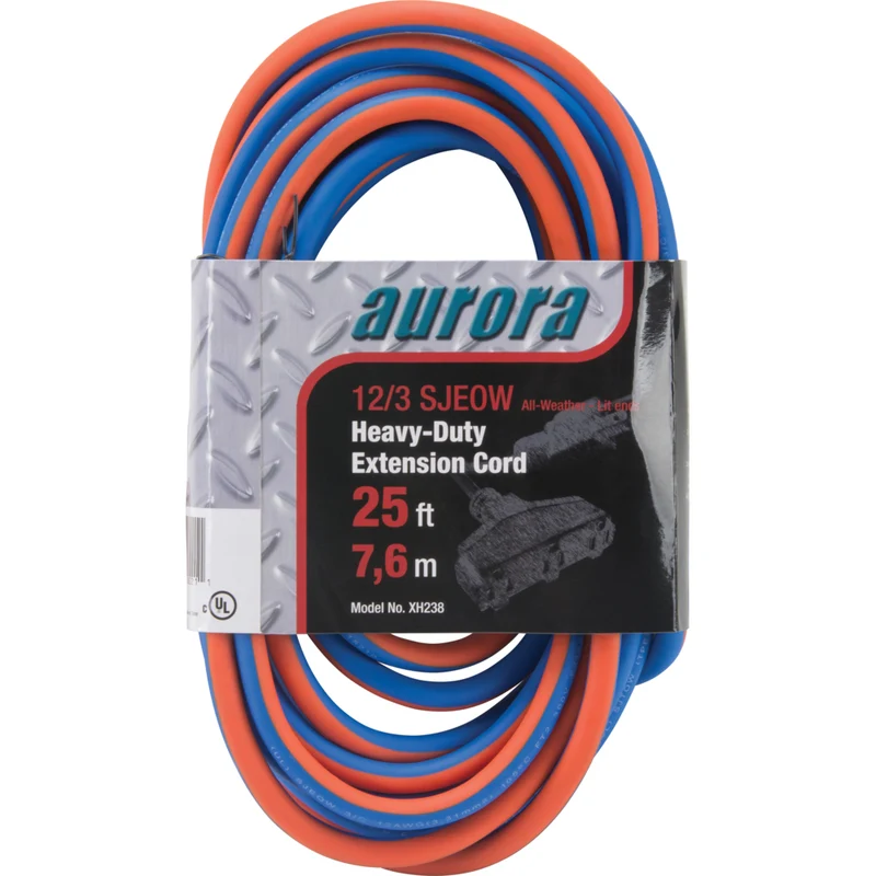 Aurora Tools - Cordon rallonge en caoutchouc TPE avec indicateur lumineux, Toutes saisons, AWG 12/3, 3 prise(s), Longueur de 25'