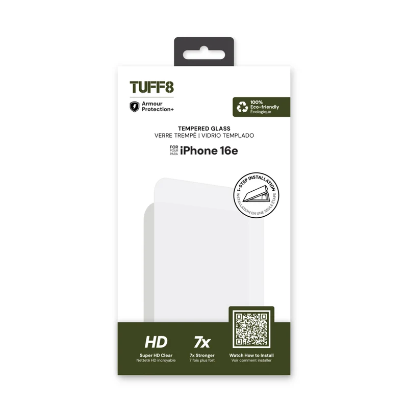 TUFF8 - iPhone17E/16E - Verre trempé avec kit auto-installation