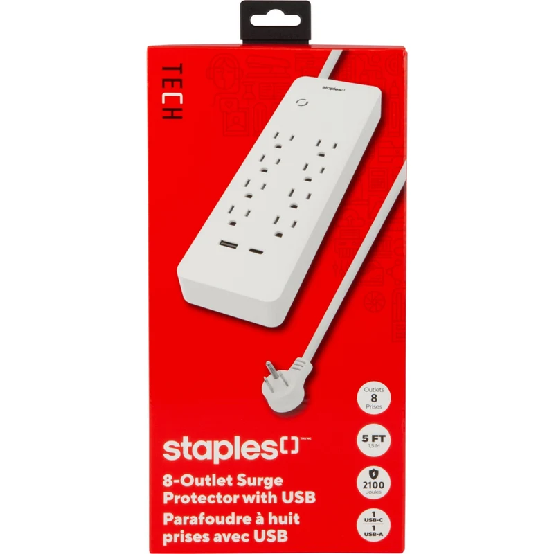 Staples Tech – Parasurtenseur à 8 prises de 2 100 J avec ports USB‑A et USB‑C – Câble de 5 pi – Blanc