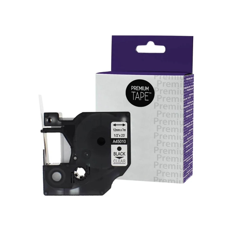 Premium Tape - Dymo Ruban d’étiquetage alternatif 45010 - 1/2 po x 23' - Noir/Transparent