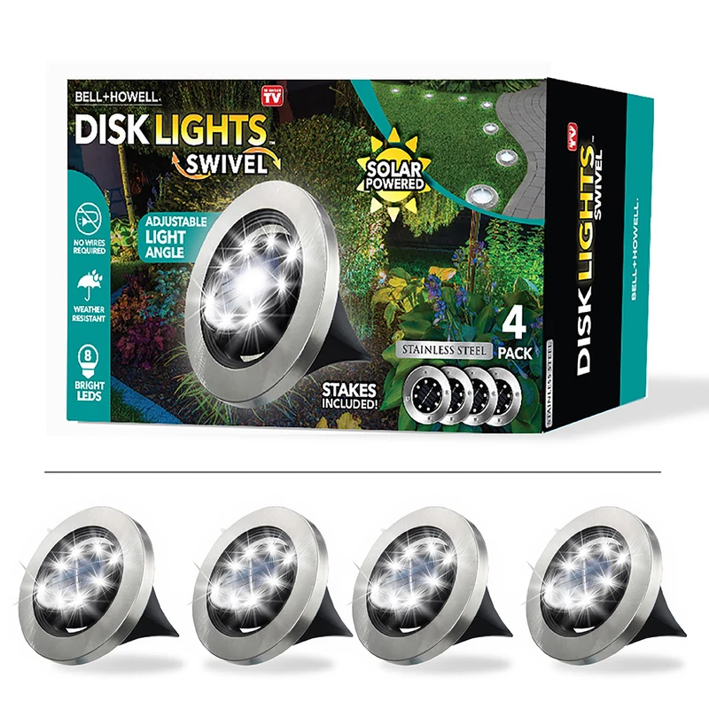 Bell + Howell - Lumières de chemin d’extérieur à disque pivotant à énergie solaire avec 8 ampoules LED - Paquet de 4