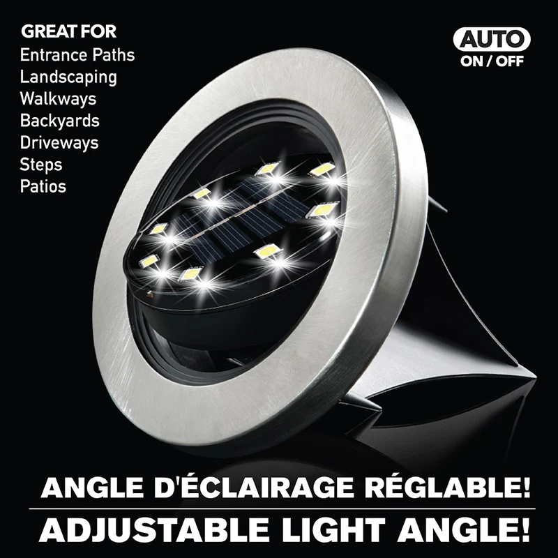 Bell + Howell - Lumières de chemin d’extérieur à disque pivotant à énergie solaire avec 8 ampoules LED - Paquet de 4