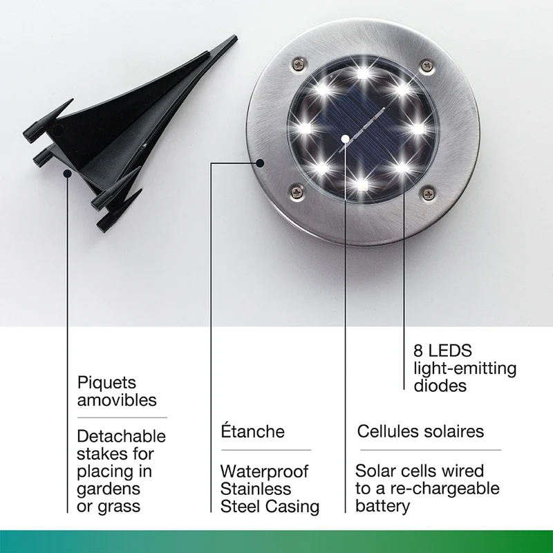 Bell + Howell - Lumières de chemin d’extérieur à disque pivotant à énergie solaire avec 8 ampoules LED - Paquet de 4