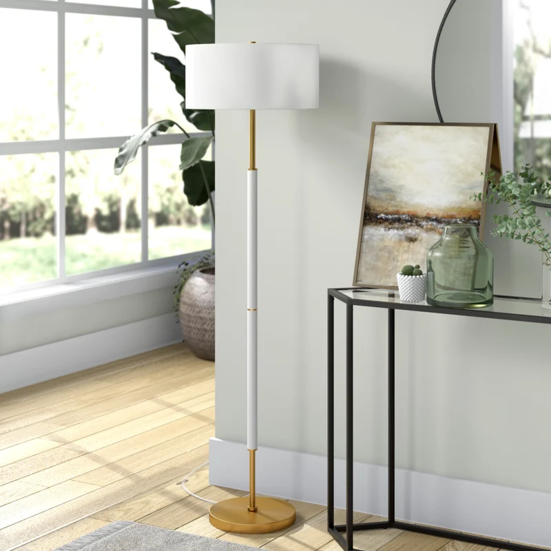 Hudson&Canal - Lampadaire Simone 2 lumières avec abat-jour en tissu - Blanc mat/laiton/blanc
