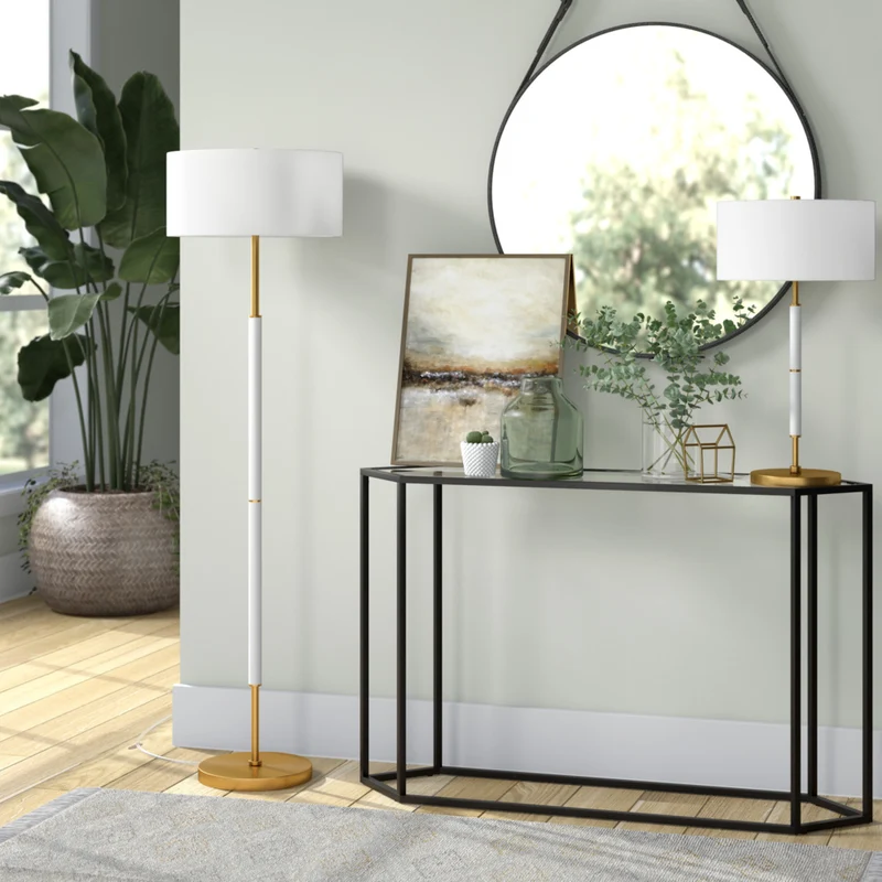 Hudson&Canal - Lampadaire Simone 2 lumières avec abat-jour en tissu - Blanc mat/laiton/blanc