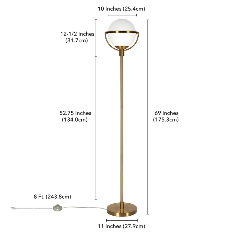 Hudson&Canal - Lampadaire Cieonna Globe & Stem avec abat-jour en verre - Laiton/Blanc