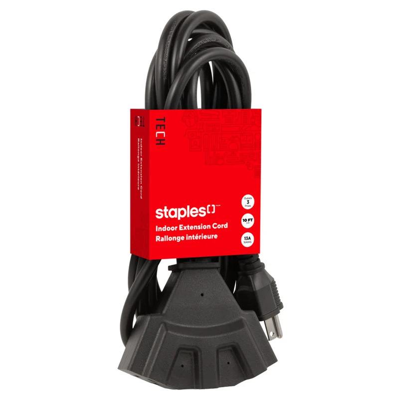 Staples Tech 3 Outlet Extension Cord - 10' Cable - Black