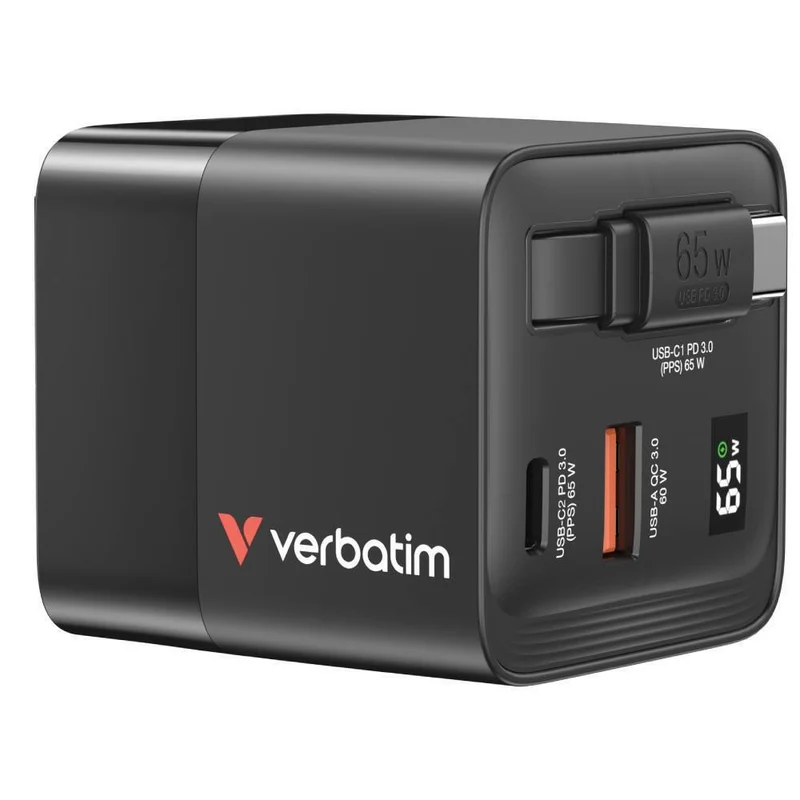 Verbatim GaN 65W Charger with Retractable Cable