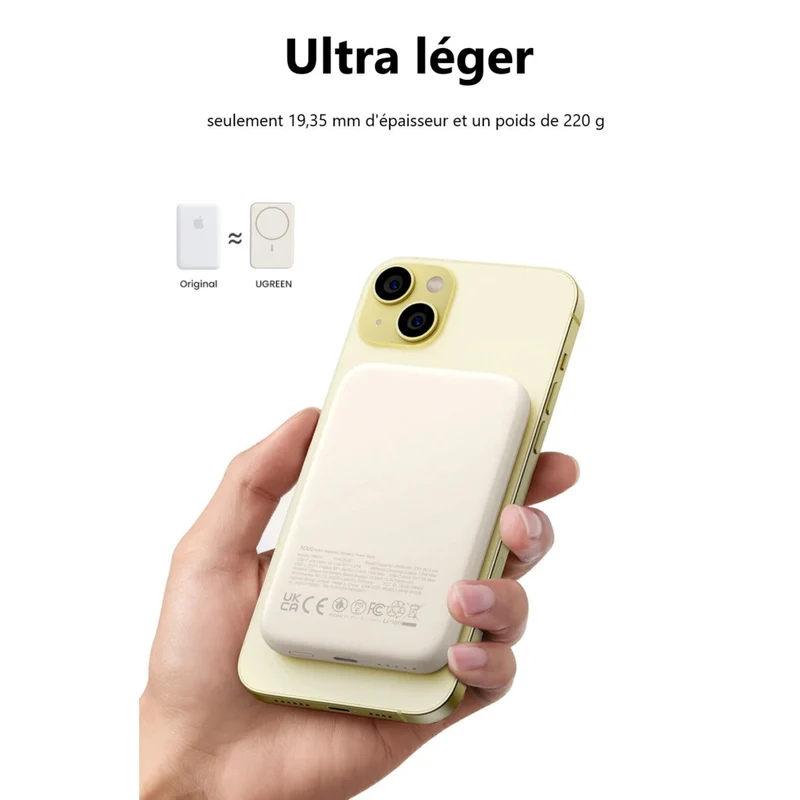 UGREEN - Mini batterie externe magnétique sans fil 20 W 10 000 mAh - Blanc