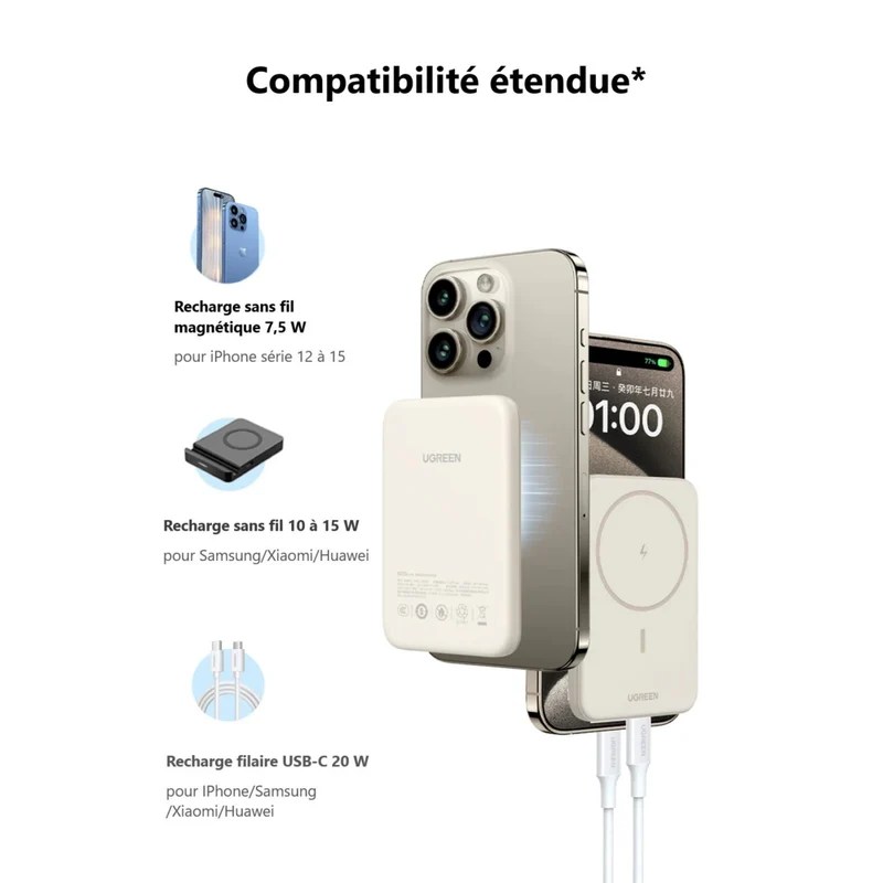 UGREEN - Mini batterie externe magnétique sans fil 20 W 10 000 mAh - Blanc
