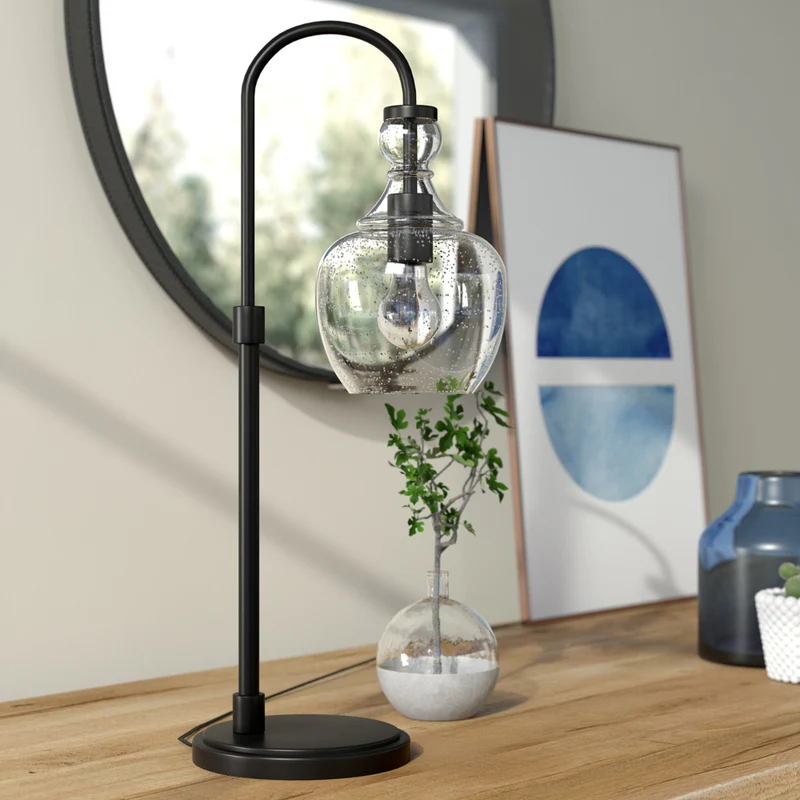 Hudson&Canal Verona 27" Tall Arc Table Lamp with Glass Shade - Blackened Bronze/Seeded