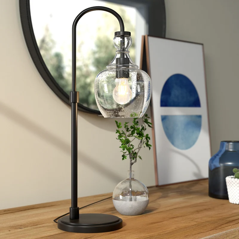 Hudson&Canal Verona 27" Tall Arc Table Lamp with Glass Shade - Blackened Bronze/Seeded