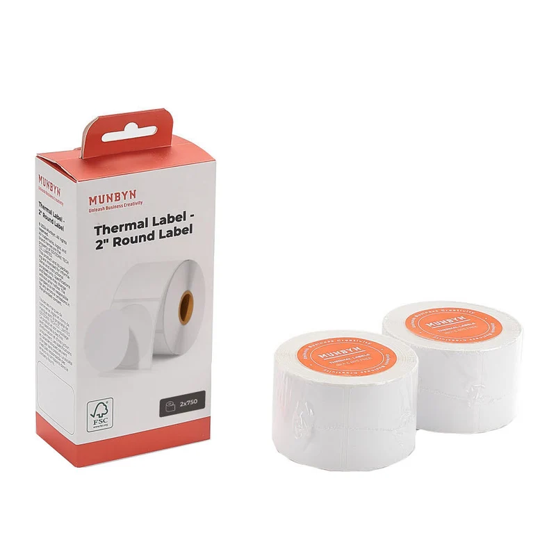MUNBYN - Étiquette thermique circulaire - 2" - Blanc - 750 feuilles/rouleau - 2 rouleaux/paquet - Paquet de 2