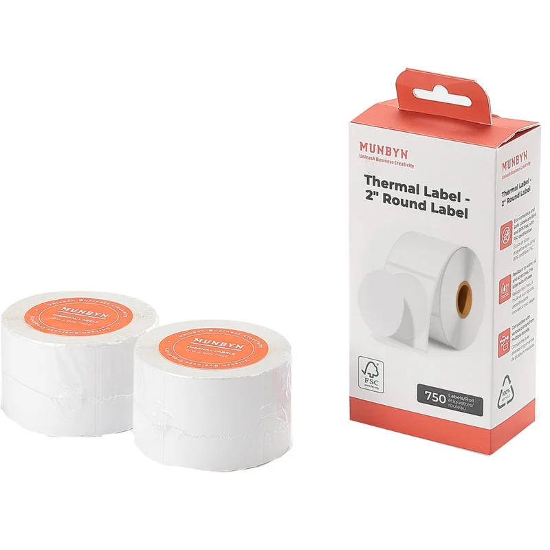 MUNBYN - Étiquette thermique circulaire - 2" - Blanc - 750 feuilles/rouleau - 2 rouleaux/paquet - Paquet de 2