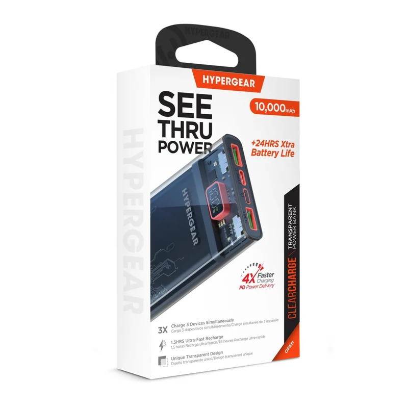 HyperGear 10000mAh USB-C and Dual Port USB-A Portable Power Bank - Clear