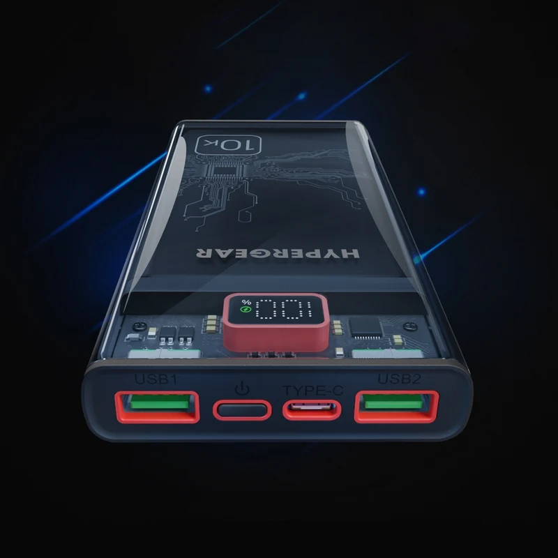 HyperGear 10000mAh USB-C and Dual Port USB-A Portable Power Bank - Clear