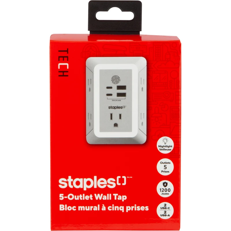 Staples Tech - Bloc mural à 5 prises 1 200 J - 2 ports USB-A et USB-C - Blanc
