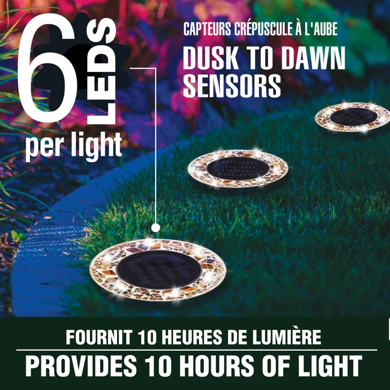 Bell+Howell - Disques lumineux décoratifs LED solaires d'extérieur en mosaïque - Chêne brun éclatant - Paquet de 4