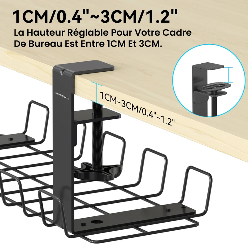 ShoppingAll - Plateau de rangement de câbles sous le bureau avec 10 attaches de câbles - Noir - Paquet de 2