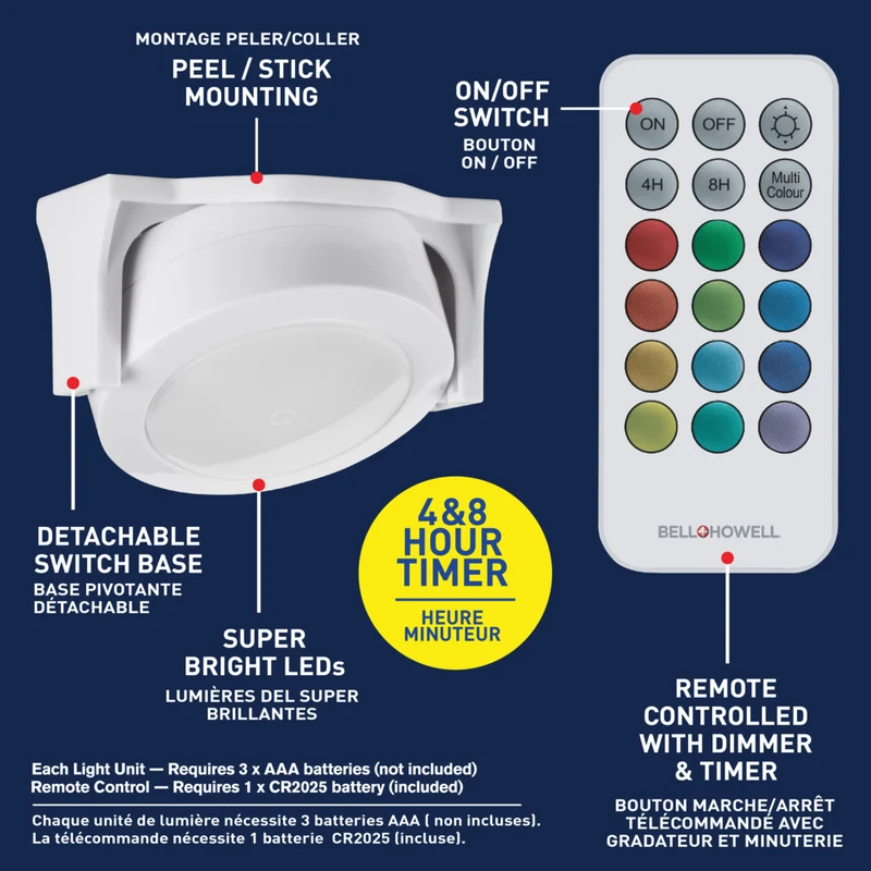 Bell+Howell - Barre lumineuse LED sous armoire à piles avec télécommande - 2,95 po - Paquet de 3