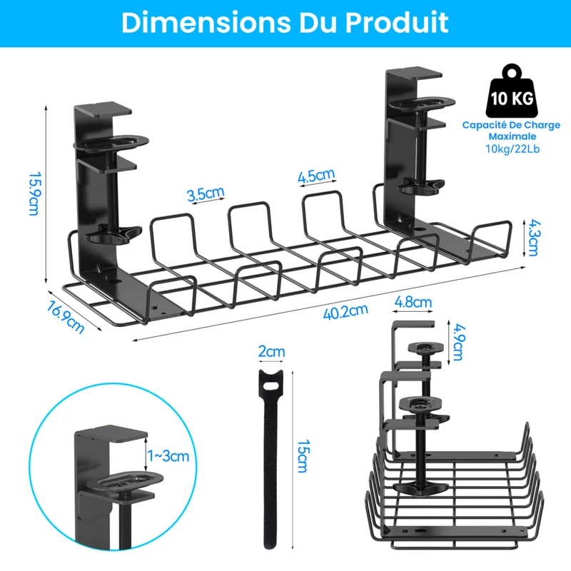 ShoppingAll - Plateau de rangement de câbles sous le bureau avec 10 attaches de câbles - Noir
