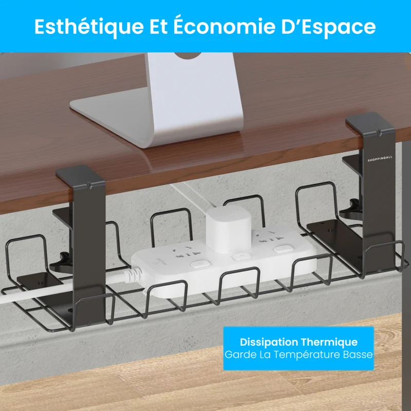 ShoppingAll - Plateau de rangement de câbles sous le bureau avec 10 attaches de câbles - Noir