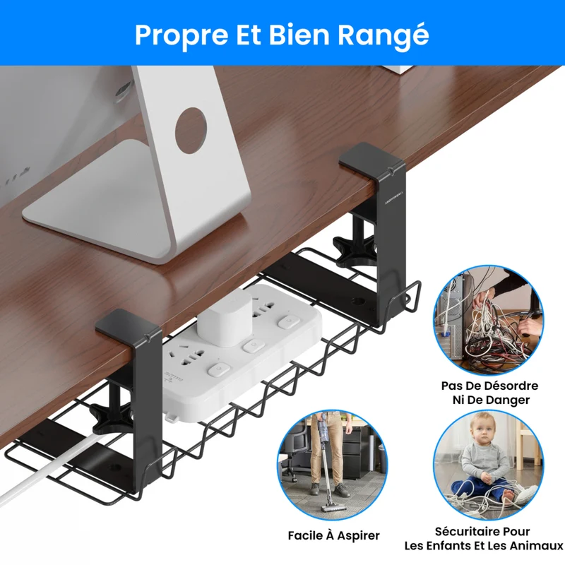ShoppingAll - Plateau de rangement de câbles sous le bureau avec 10 attaches de câbles - Noir