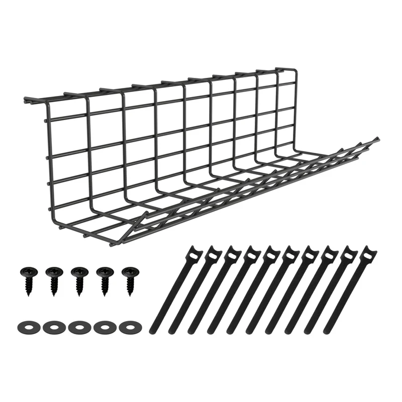 ShoppingAll - Organiseur de gestion de câbles sous le bureau - Plateau de câbles en métal robuste - Noir - Paquet de 2