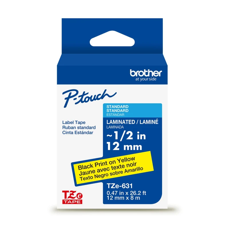 Brother Genuine TZe631 Laminated Tape for P-touch Label Makers - 12 mm wide x 8 m long - Black on Yellow