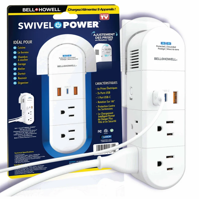 Bell+Howell Swivel Power Strip withg USB-C - White