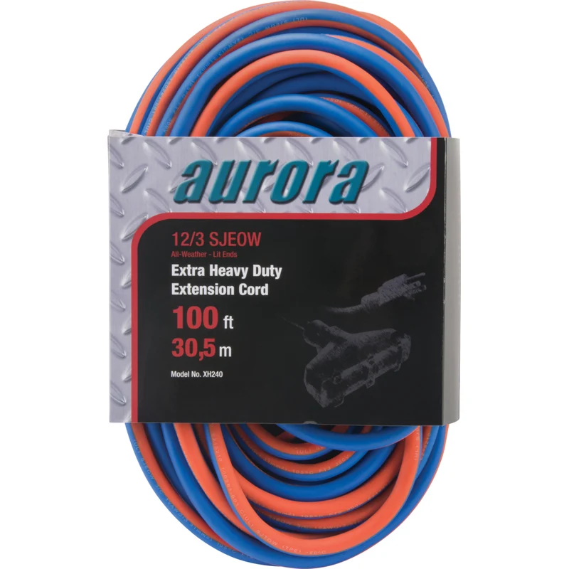 Aurora Tools TPE-Rubber Extension Cord with Light Indicator - All-Weather - 14/3 AWG - 3 Outlets - 100' Length