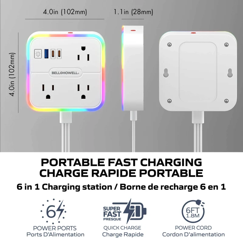 Bell+Howell - Parasurtenseur à 3 prises avec bloc d'alimentation à DEL et 1 port USB-A et 2 ports USB-C - Cordon de 6 pi