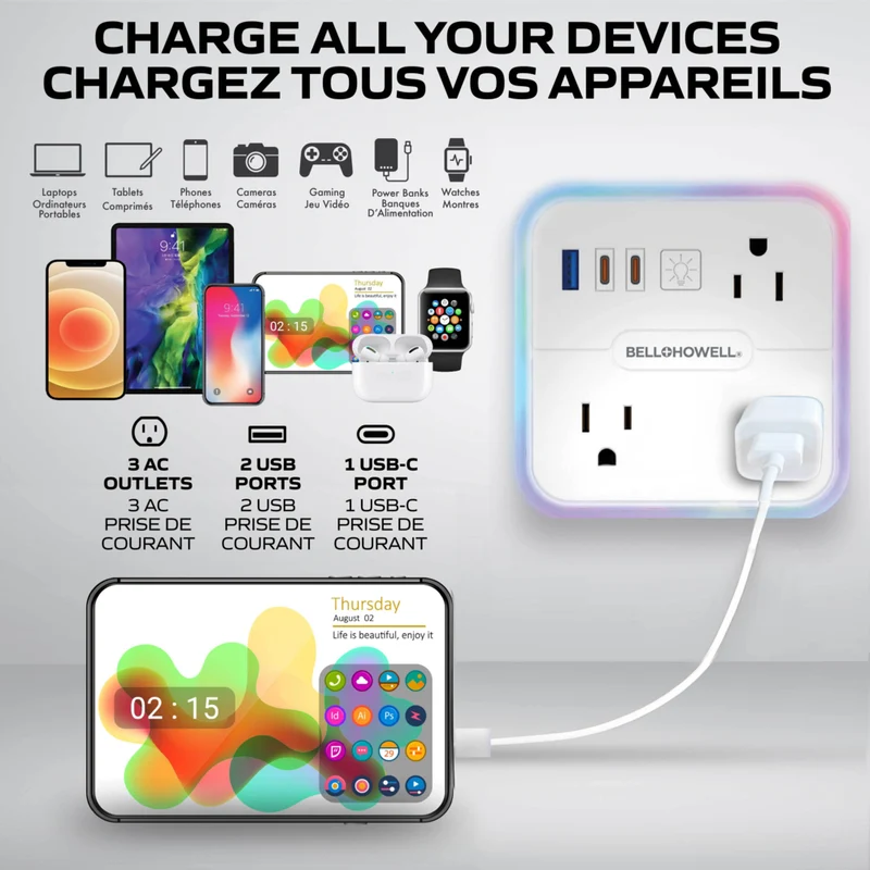 Bell+Howell - Parasurtenseur à 3 prises avec bloc d'alimentation à DEL et 1 port USB-A et 2 ports USB-C - Cordon de 6 pi