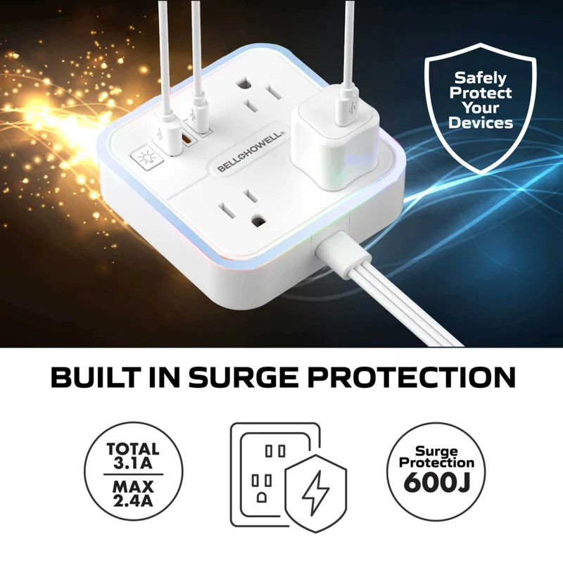 Bell+Howell - Parasurtenseur à 3 prises avec bloc d'alimentation à DEL et 1 port USB-A et 2 ports USB-C - Cordon de 6 pi