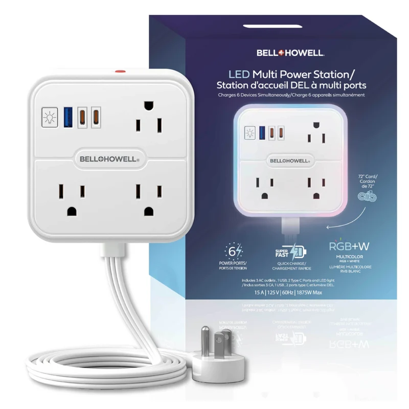 Bell+Howell 3-Outlet LED Power Station Surge Protector with 1 USB-A and 2 USB-C - 6' Cord