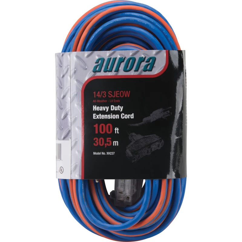 Aurora Tools TPE-Rubber Extension Cord with Light Indicator - All-Weather - 14/3 AWG - 3 Outlets - 100' Length