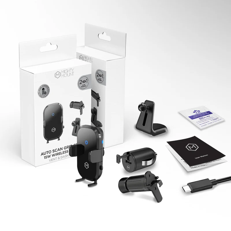 Mighty Mount - Support de chargeur sans fil 15 W, support 2 en 1 pour tableau de bord et grille d'aération