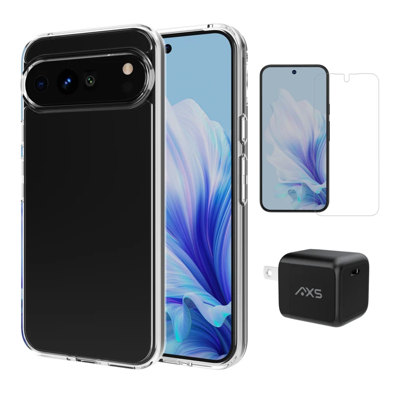 AXS - Ensemble de départ - étui ULTRA CLEAR transparent testé contre les chutes, protecteur d’écran et chargeur 30W pour Google Pixel 9 Pro XL - Clear