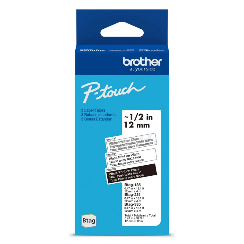 Brother - BTAG3M01 Rubans non laminés neutres authentiques pour étiqueteuse P-touch, 12 mm (L) x 4 m (l), paquet de 3