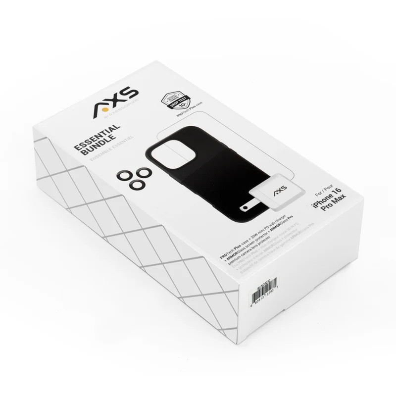AXS - Ensemble Essentiel - étui PROTech Plus testé contre les chutes, protecteur d’écran et chargeur 30W pour iPhone 16 Pro Max - Noir
