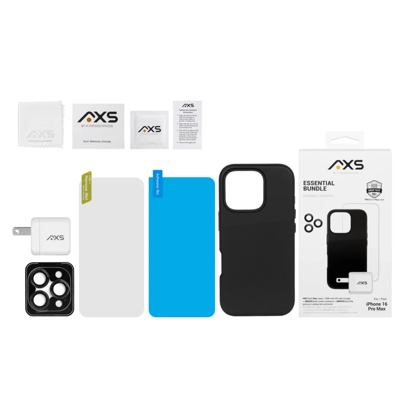 AXS - Ensemble Essentiel - étui PROTech Plus testé contre les chutes, protecteur d’écran et chargeur 30W pour iPhone 16 Pro Max - Noir