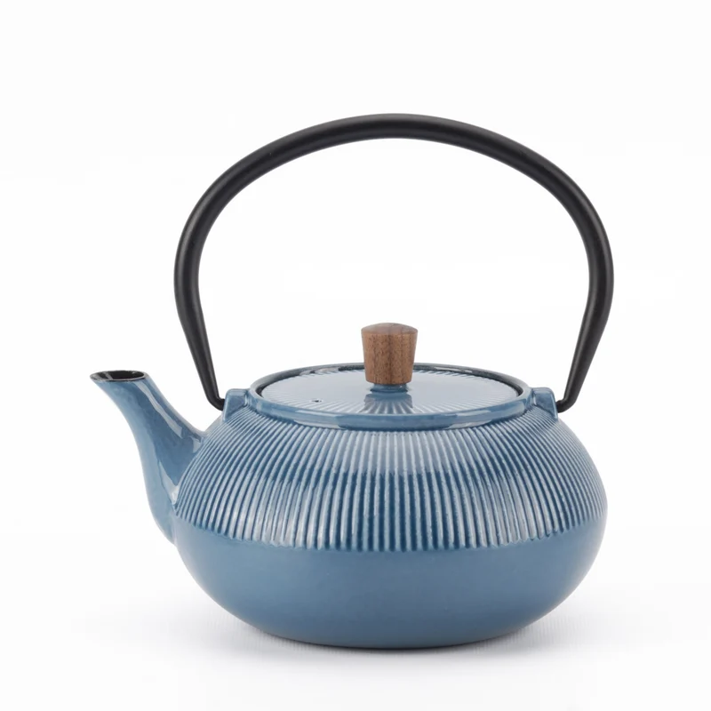 Minimal Enamelled Cast Iron Teapot - Line Blue - 0.6 L