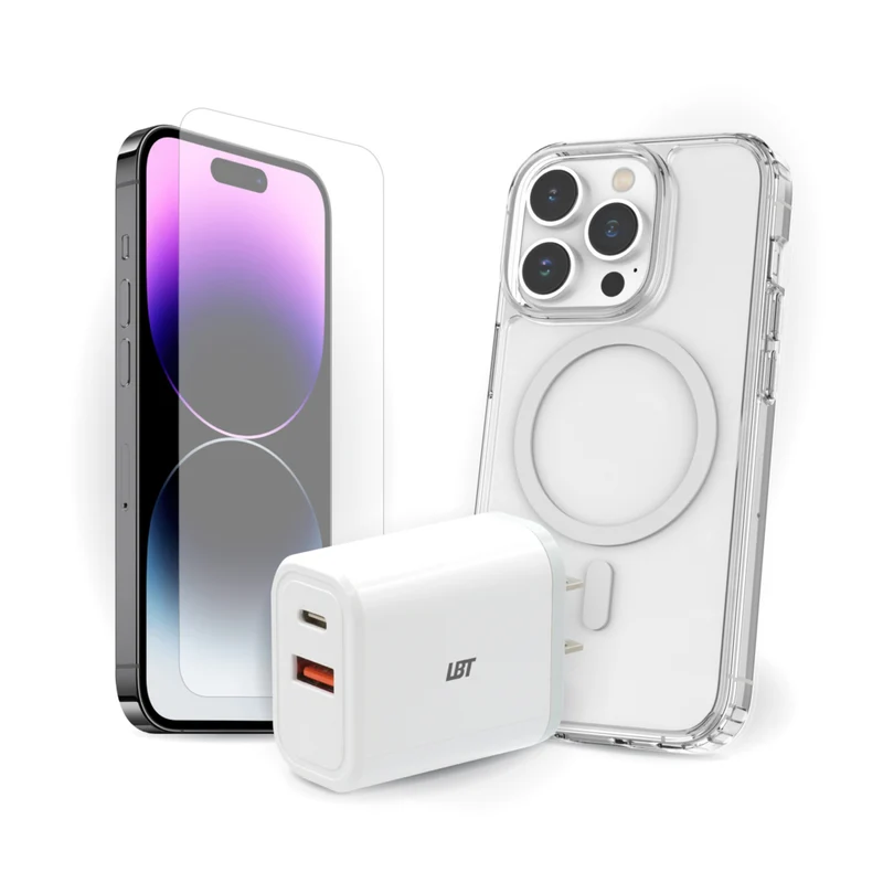 TUFF8 - Clear Mag Case, verre trempé, ensemble chargeur PD 30 W - iPhone 15 Pro