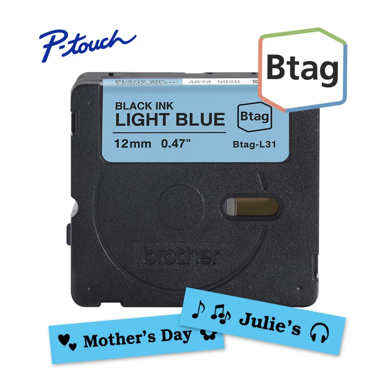 Brother Genuine BTAGL31 Label Tape for P-touch Label Makers - Black on Light Blue - 12 mm W x 4 m L