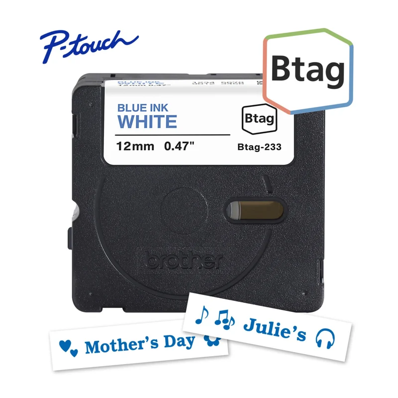 Brother - BTAG233 Ruban non laminé blanc avec texte bleu authentique pour étiqueteuse P-touch, 12 mm (L) x 4 m (l)