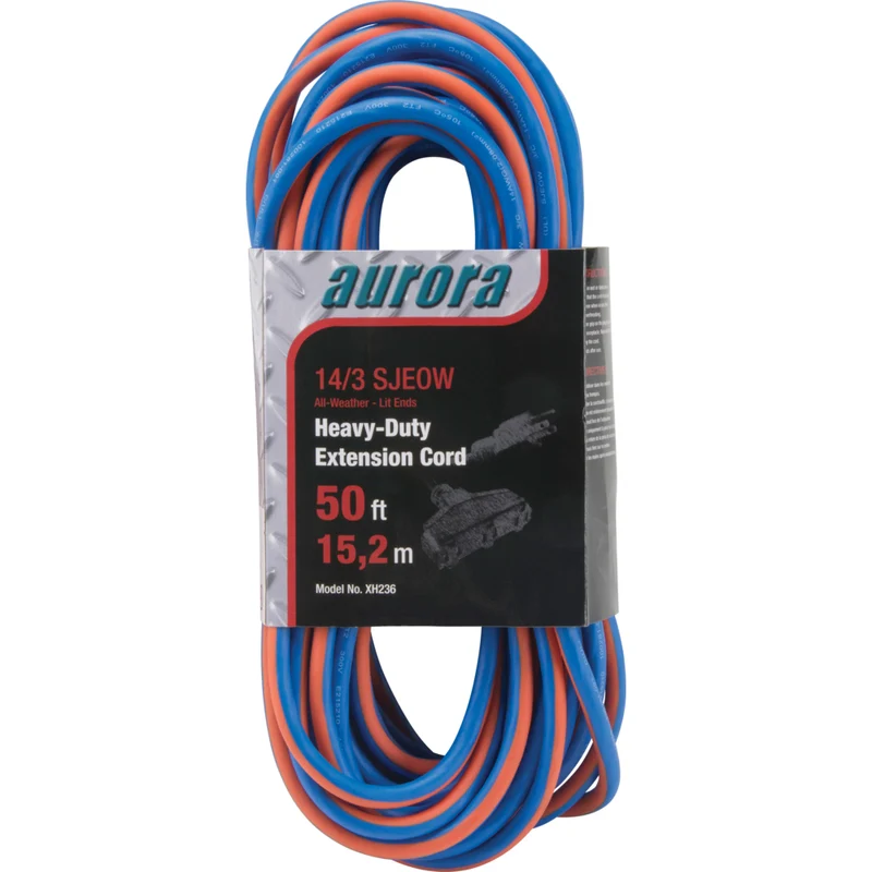Aurora Tools - Cordon rallonge en caoutchouc TPE avec indicateur lumineux, Toutes saisons, AWG 14/3, 3 prise(s), Longueur de 50'