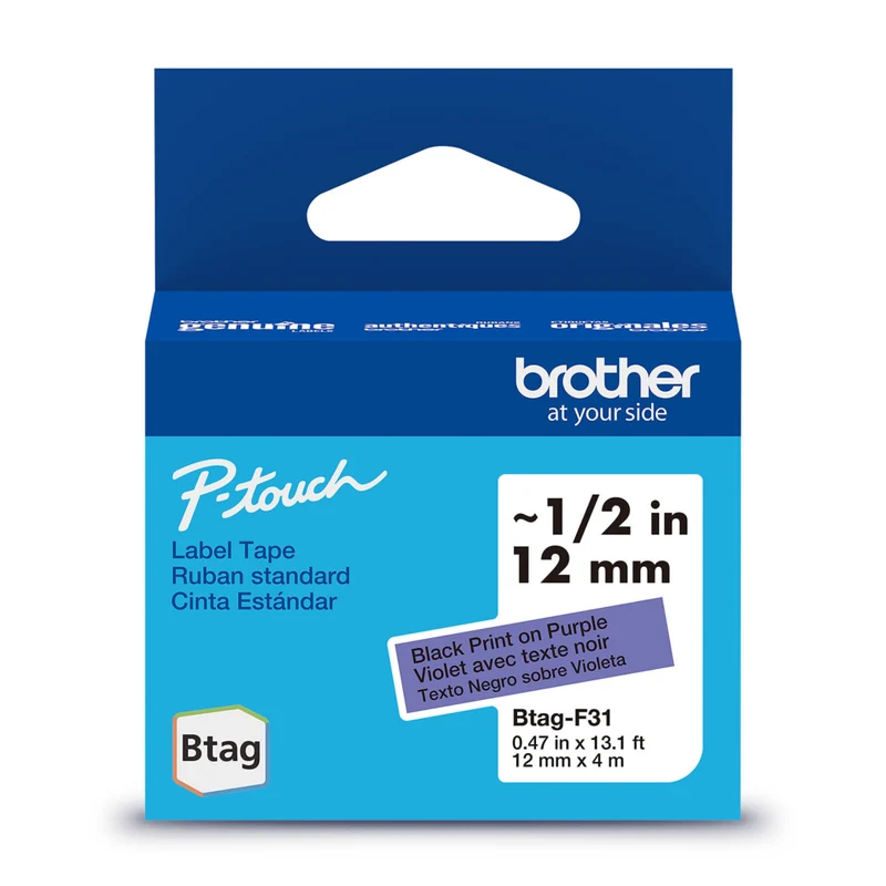 Brother - BTAGF31 Ruban non laminé violet avec texte noir authentique pour étiqueteuse P-touch, 12 mm (L) x 4 m (l)