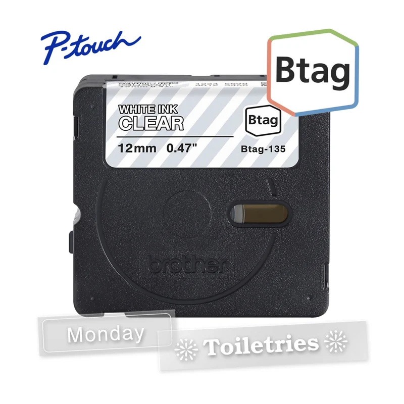 Brother Genuine BTAG135 Label Tape for P-touch Label Makers - White on Clear - 12 mm W x 4 m L