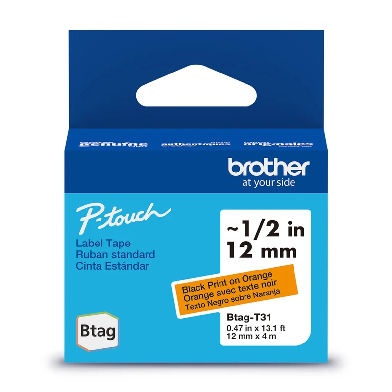 Brother - BTAGT31 Ruban non laminé orange avec texte noir authentique pour étiqueteuse P-touch, 12 mm (L) x 4 m (l)