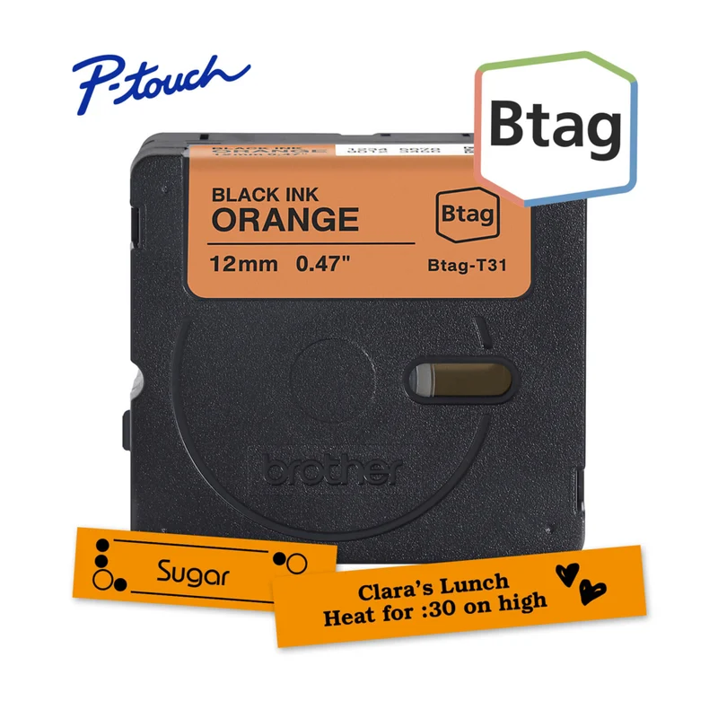 Brother Genuine BTAGT31 Label Tape for P-touch Label Makers - Black on Orange - 12 mm W x 4 m L